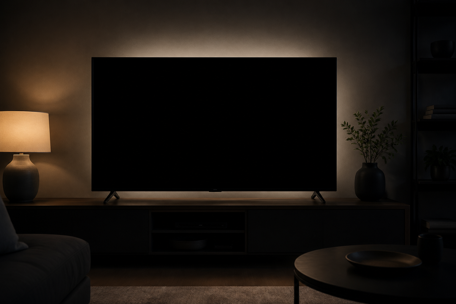 Schwarzer Bildschirm eines defekten Fernsehers im dunklen Wohnzimmer