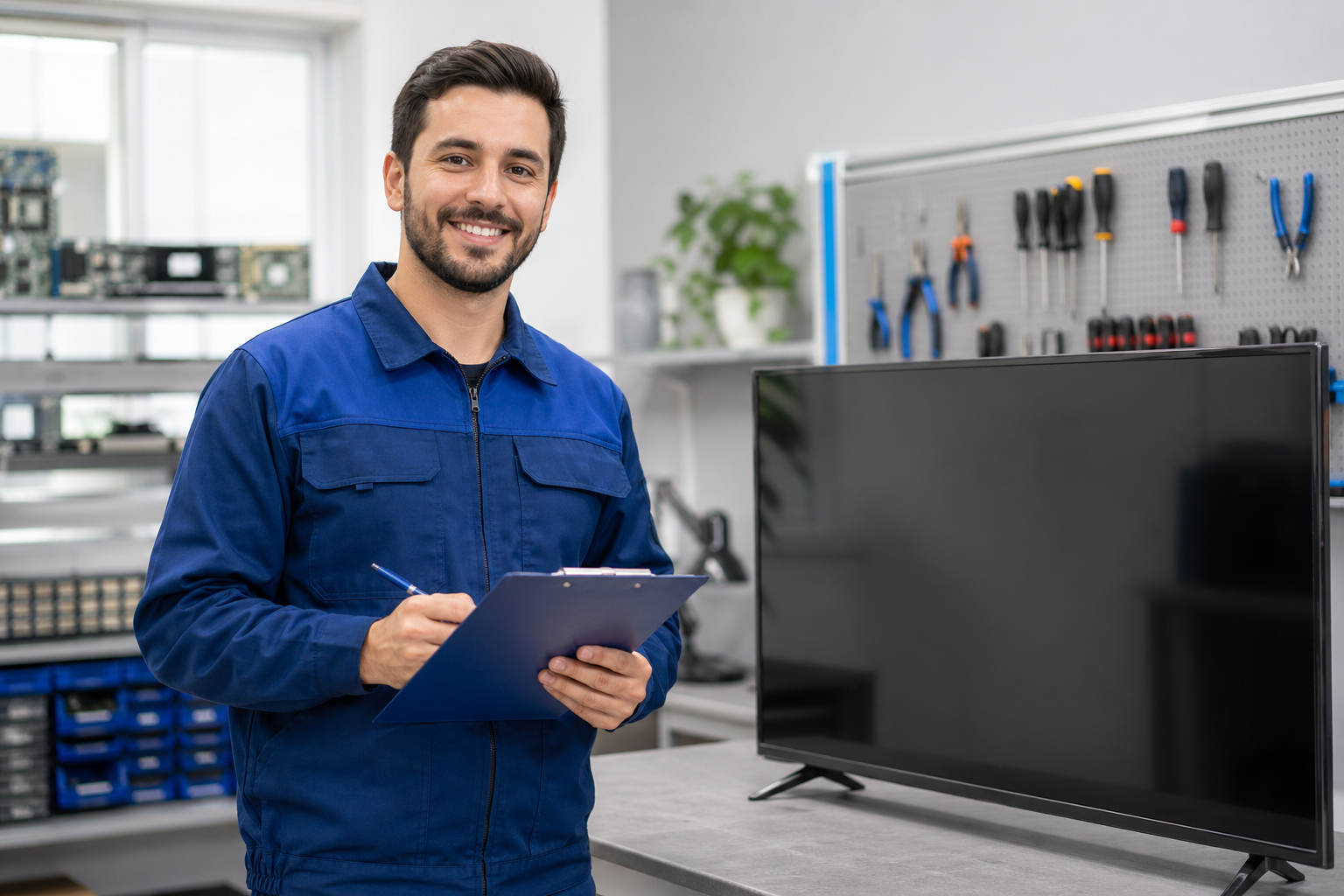 Freundlicher TV-Techniker mit Klemmbrett in einer Servicewerkstatt