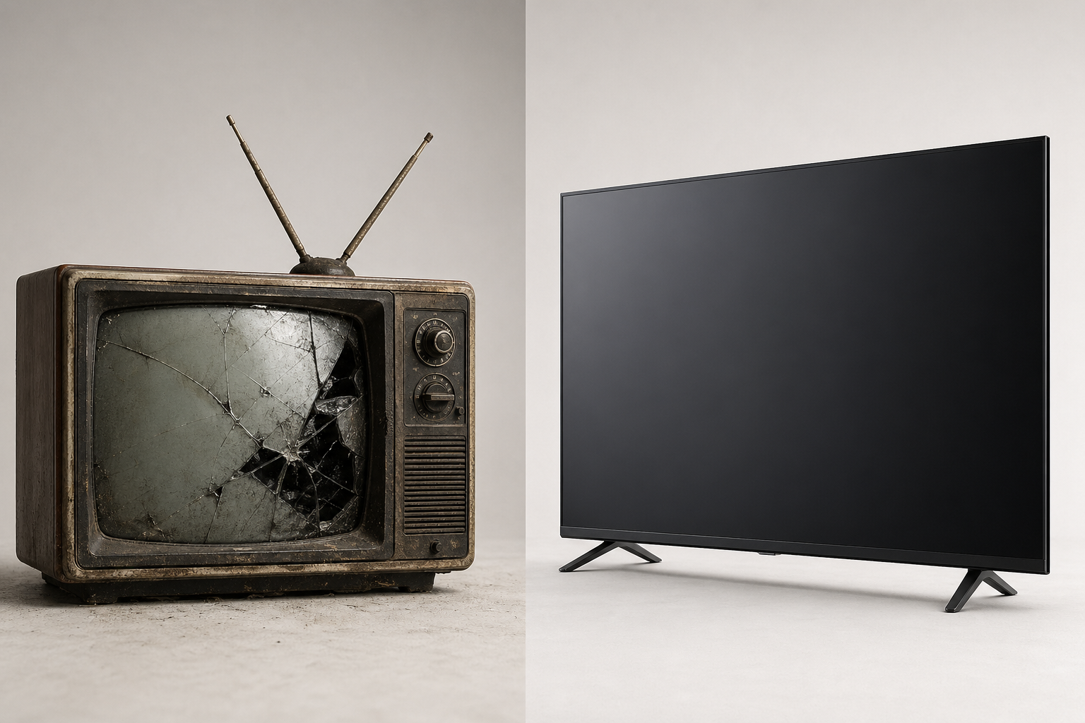 Alter defekter Fernseher neben einem neuen Smart-TV