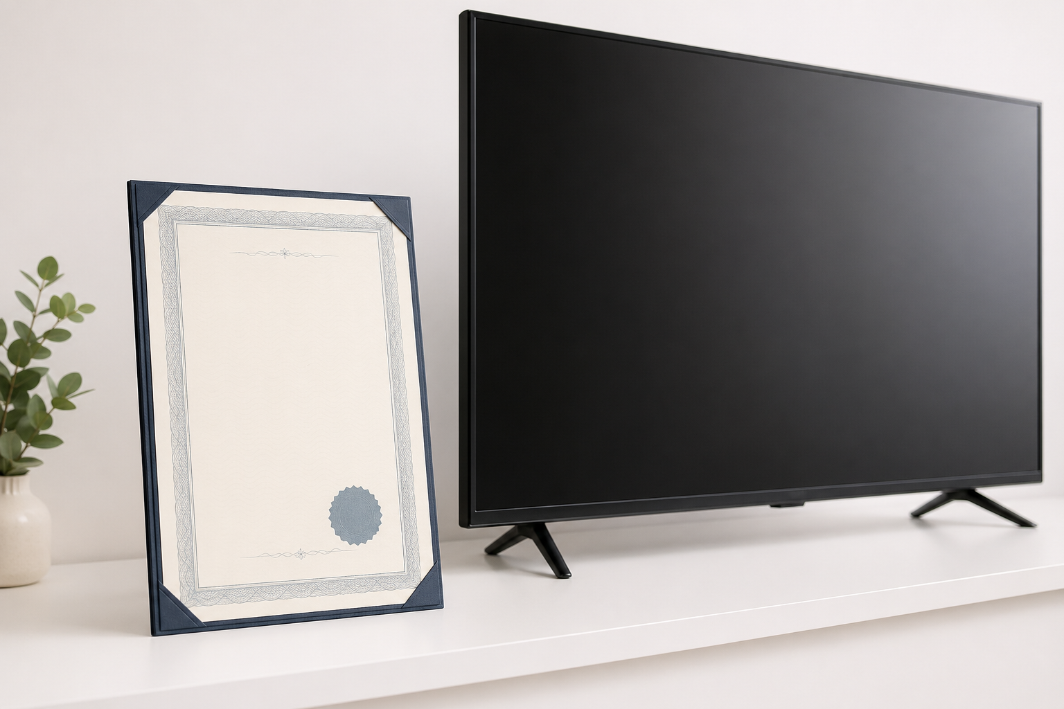 Garantiezertifikat neben einem modernen Flachbildfernseher